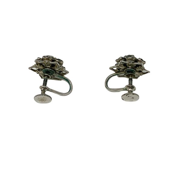 Vintage 1950s Tiny Floral Silver Rhinestone Screw Back Earrings - Picture 4 of 4